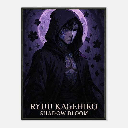 Ryuu Kagehiko Shadow Bloom Anime Poster – dunkler Ninja Samurai in violetten Schatten, hochwertige Wandkunst von Defa Designs