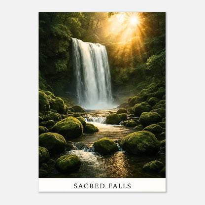 Majestic Sacred Falls waterfall nature poster – high quality print with cascading water and vibrant forest scenery.