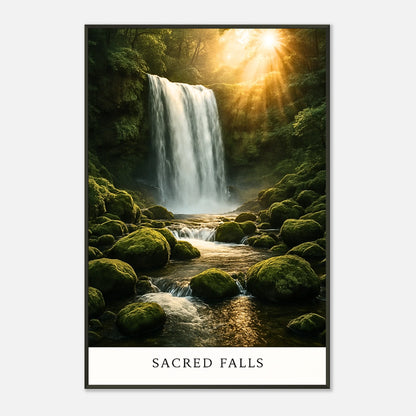 Detailaufnahme des Sacred Falls Posters – glitzerndes Wasser, moosbedeckte Felsen und sanftes Sonnenlicht erzeugen eine spirituelle Ruhe.