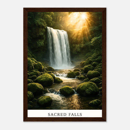 Sacred Falls Poster im dunkelbraunen Holzrahmen – majestätisches Wasserfall Wandbild mit Natur Landschaft für Wohnzimmer