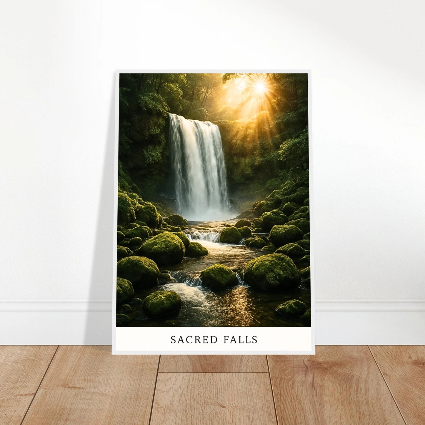 Sacred Falls Poster ohne Rahmen – Natur Wandbild mit Wasserfall, angelehnt an die Wand, modernes Design