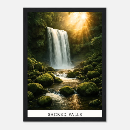 Sacred Falls Poster im schwarzen Holzrahmen – edles Wasserfall Poster mit mystischer Natur Landschaft
