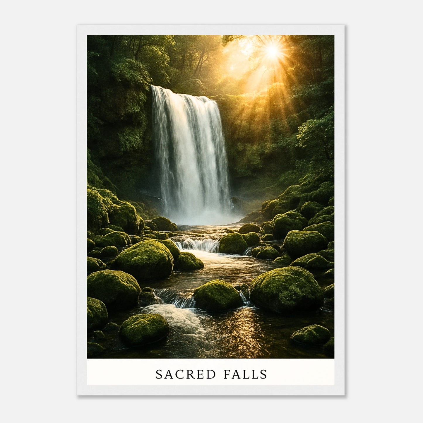Sacred Falls Poster im weißen Holzrahmen – elegantes Wandbild Wasserfall mit friedlicher Natur für moderne Einrichtung