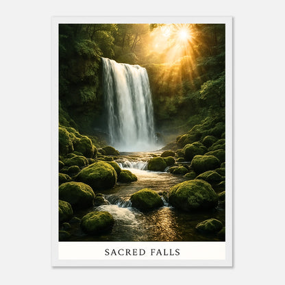 Sacred Falls Poster im weißen Holzrahmen – elegantes Wandbild Wasserfall mit friedlicher Natur für moderne Einrichtung