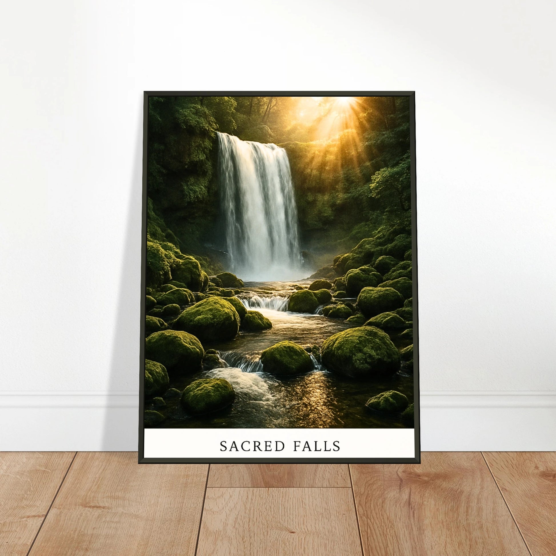 Sacred Falls Poster an die Wand gelehnt – ruhiges Naturmotiv mit Wasserfall, bringt Harmonie und Wärme in jeden Wohnraum.