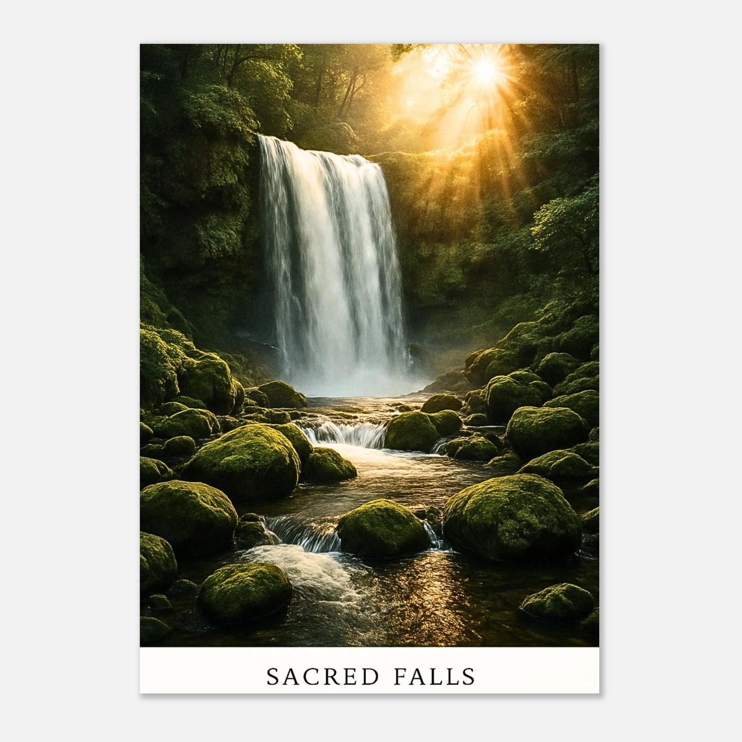 Close-up of Sacred Falls waterfall art print – detailed matte finish with realistic water and sunlight effects.