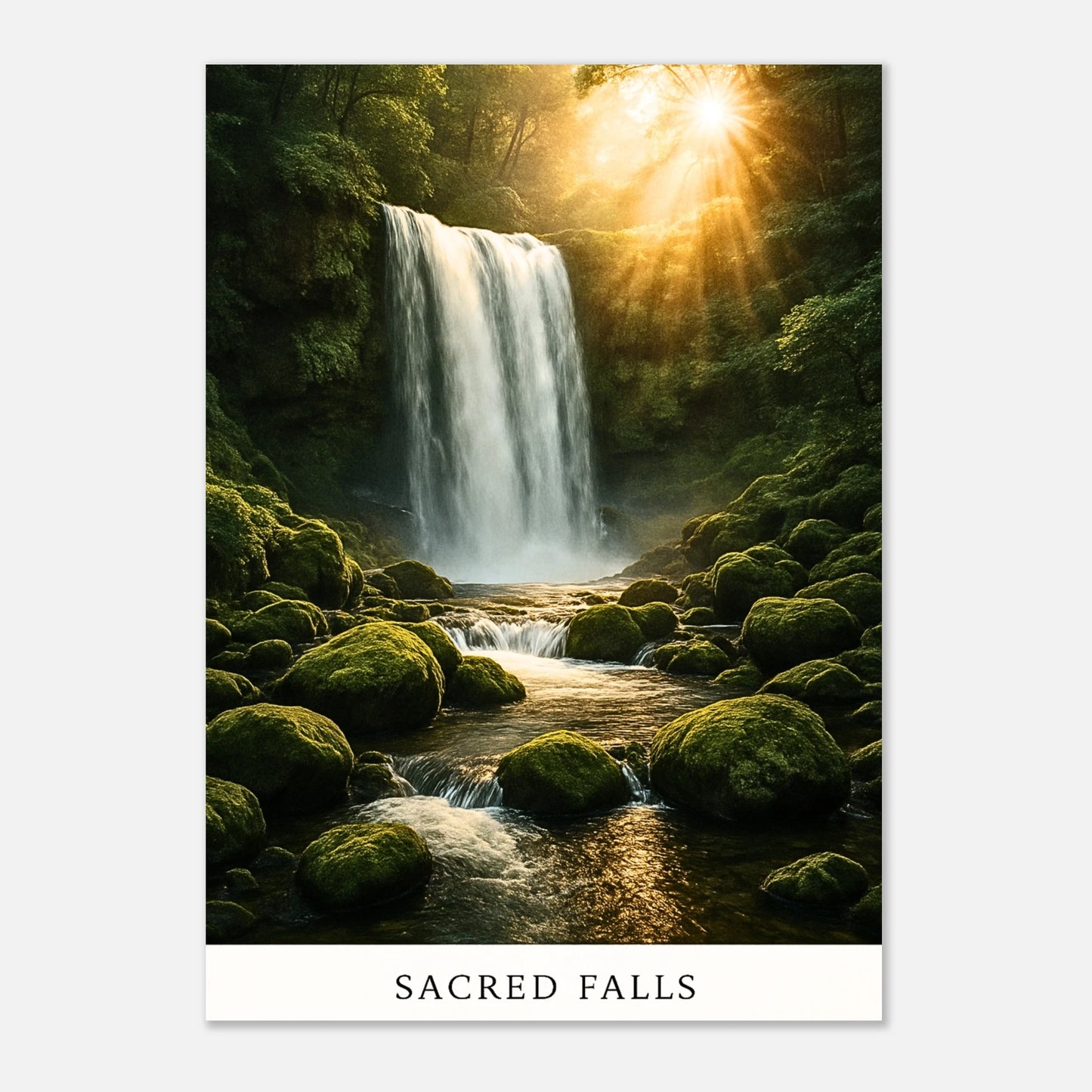 Sacred Falls waterfall nature wall art poster – premium matte paper print with lush green forest and golden sunlight.