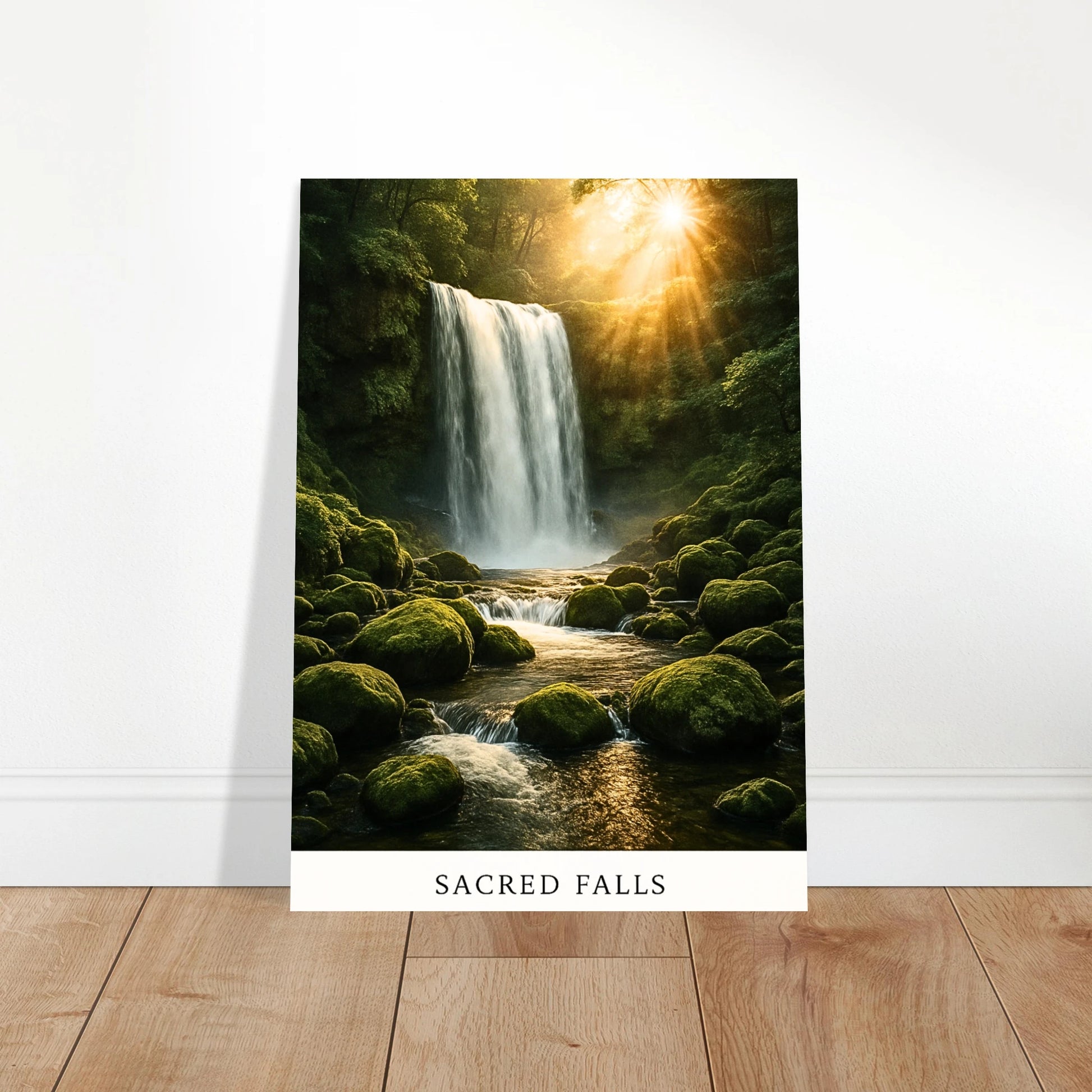 Sacred Falls waterfall wall art displayed in bright modern living room – nature-inspired home decor.