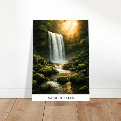 Sacred Falls waterfall wall art displayed in bright modern living room – nature-inspired home decor.