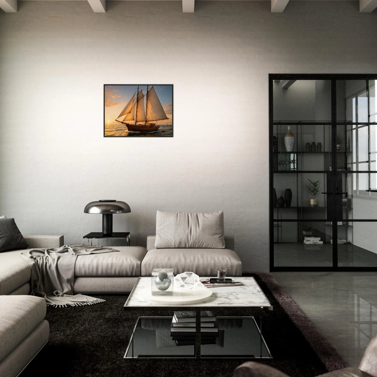Sailing into the Light Poster im modernen Wohnzimmer – Segelboot im Abendlicht, stilvolle Kunst im schwarzen Metallrahmen von Defa Designs.