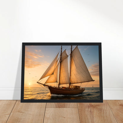Sailing into the Light Poster – Segelboot im Sonnenuntergang angelehnt an Wand, moderne Raumgestaltung