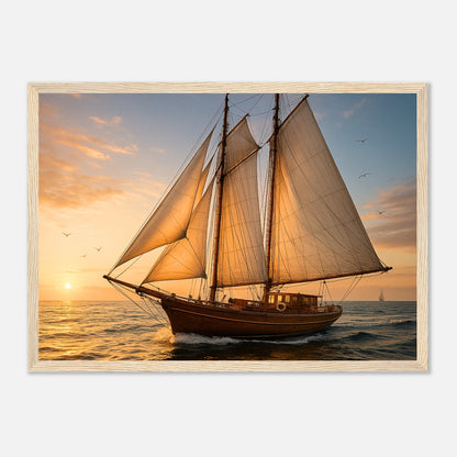 Sailing into the Light Poster mit hellbraunem Holzrahmen – maritimes Segelboot Motiv für Wohnzimmer oder Büro
