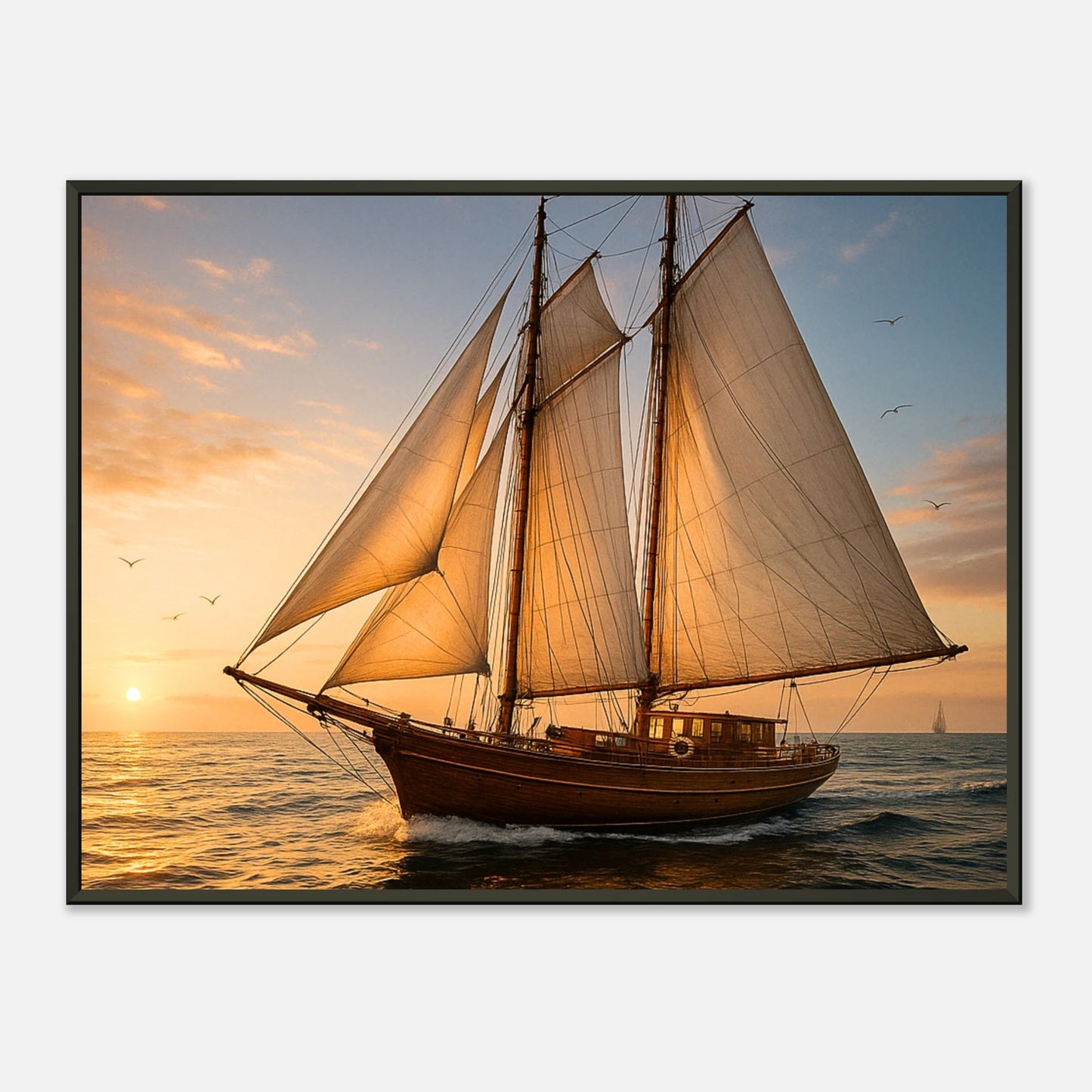 Sailing into the Light Poster – Segelboot im goldenen Sonnenuntergang, eingerahmt im schwarzen Metallrahmen. Maritime Wandkunst von Defa Designs.