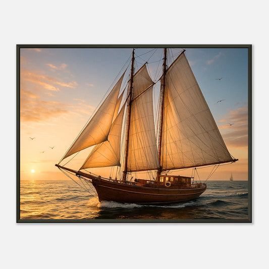 Sailing into the Light Poster – Segelboot im goldenen Sonnenuntergang, eingerahmt im schwarzen Metallrahmen. Maritime Wandkunst von Defa Designs.
