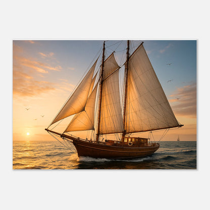 Sailing into the Light vintage sailboat wall art poster – elegant nautical scene with golden sunset and ocean horizon.