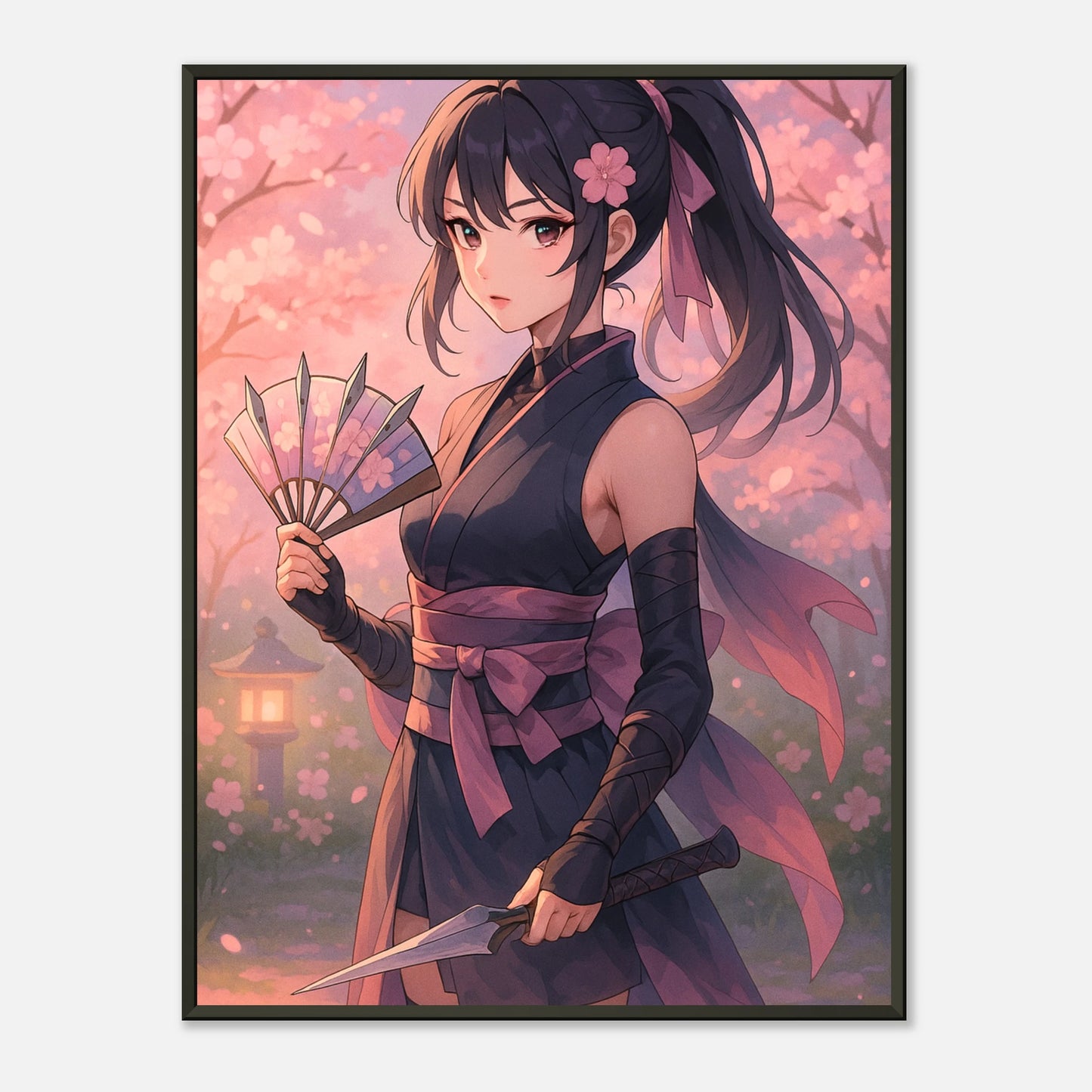 Sakura Kurenai Anime Samurai Poster – elegante Kriegerin mit Katana unter Kirschblüten im schwarzen Metallrahmen – hochwertige Wandkunst von Defa Designs.