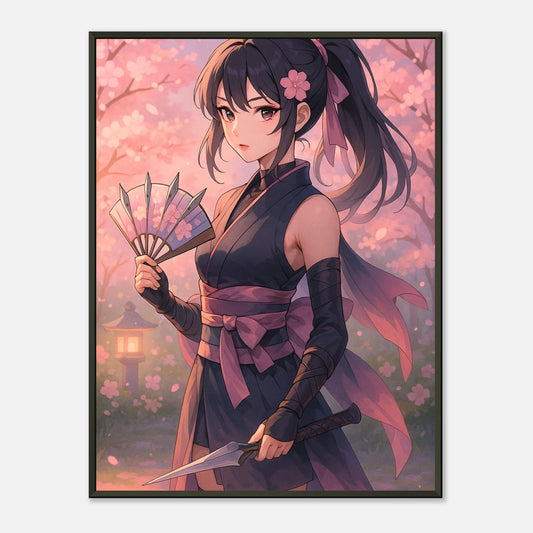 Sakura Kurenai Anime Samurai Poster – elegante Kriegerin mit Katana unter Kirschblüten im schwarzen Metallrahmen – hochwertige Wandkunst von Defa Designs.