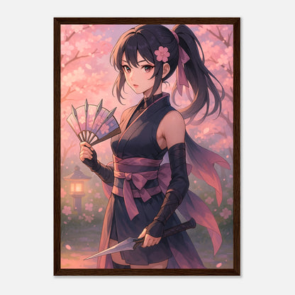 SAKURA KURENAI Poster im dunkelbraunen Rahmen – starke Anime-Figur mit Schwert, Kirschblüten und rosa Licht. Japanische Ästhetik trifft moderne Kunst. Defa Designs.