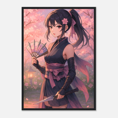 SAKURA KURENAI Poster im schwarzen Rahmen – Samurai-Frau in rosa Kirschblüten, feine japanische Anime-Kunst mit weiblicher Stärke. Defa Designs.