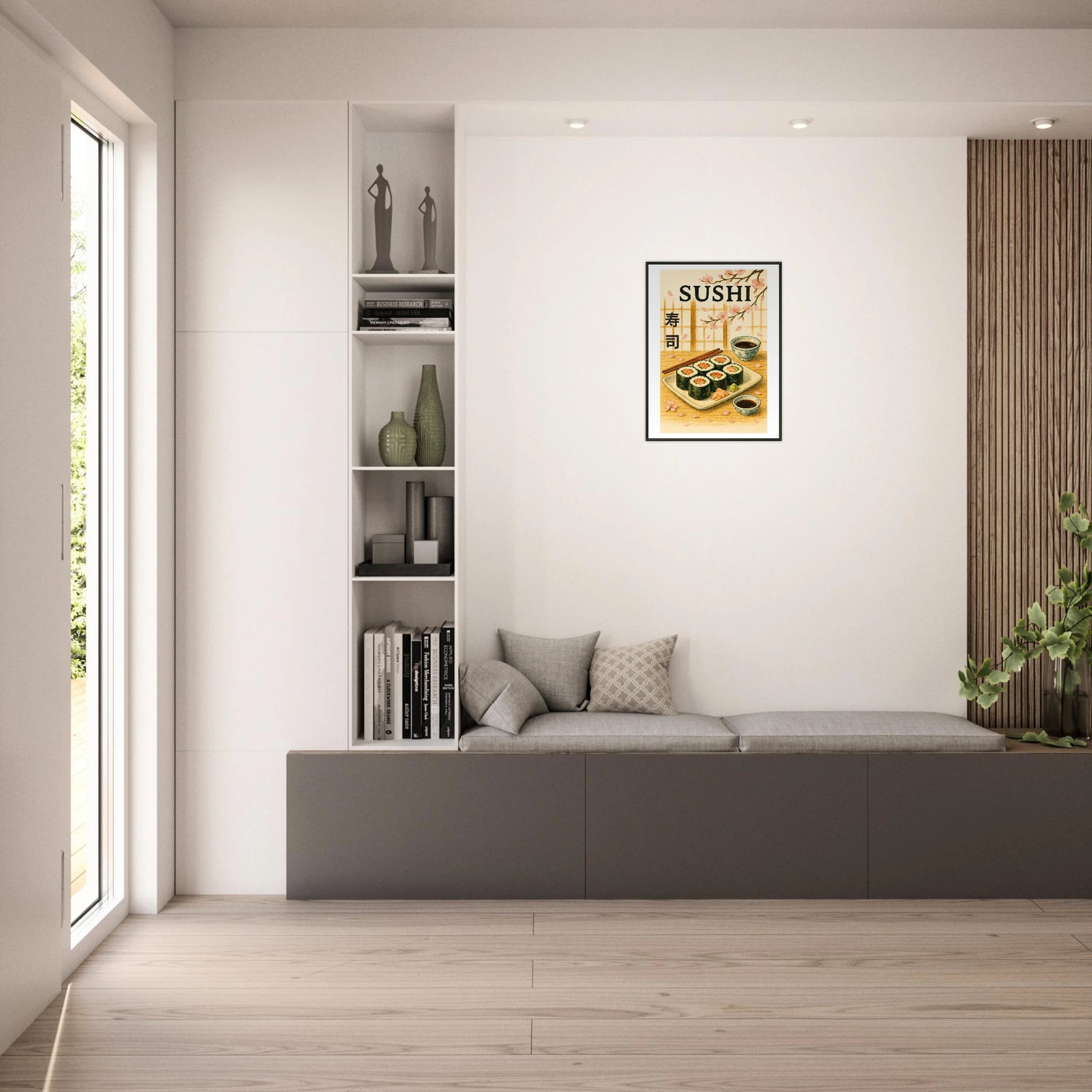 Sakura & Sushi Japanese wall art in black metal frame displayed in bright modern living room interior