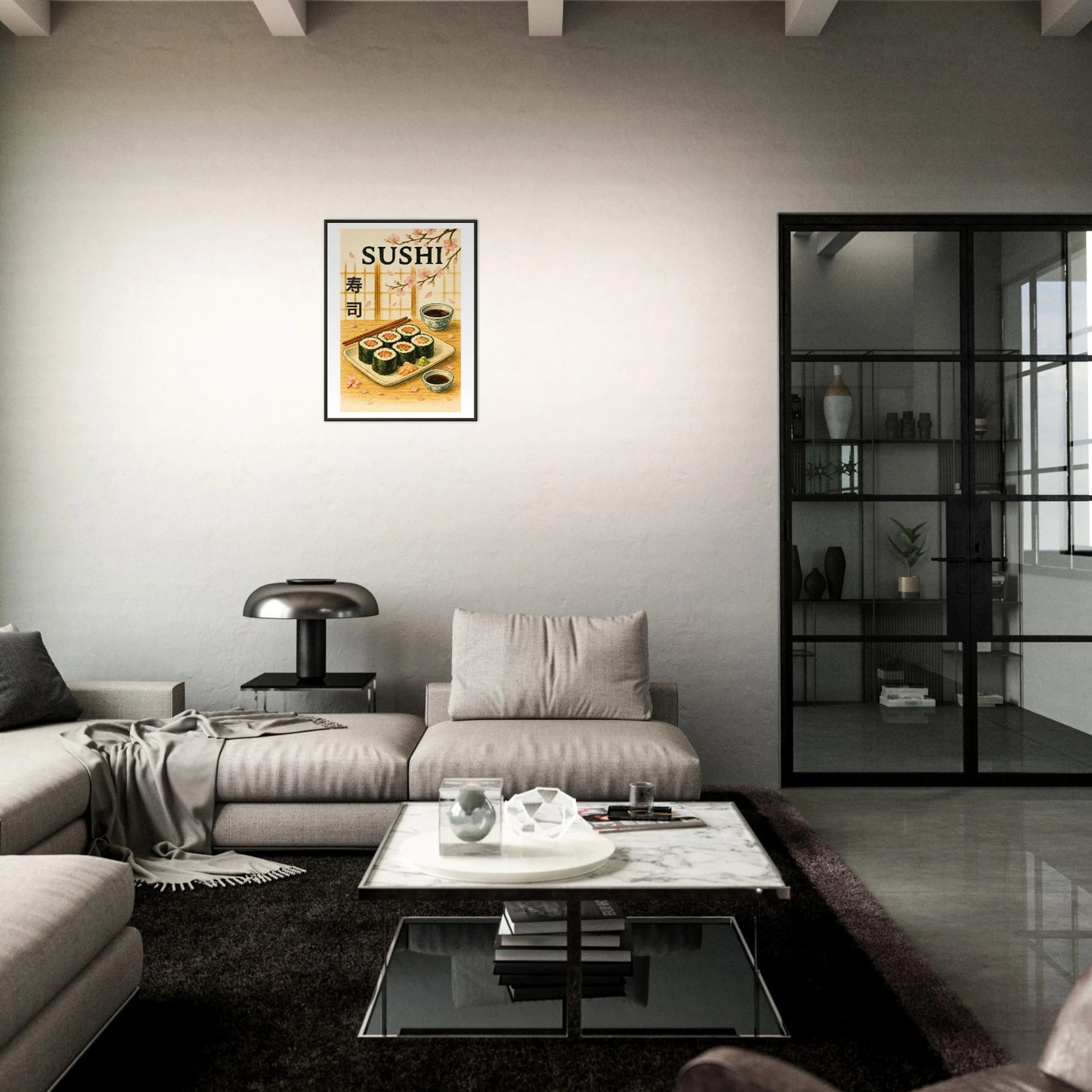 Sakura & Sushi sushi poster in black metal frame styled in dark modern living room setting