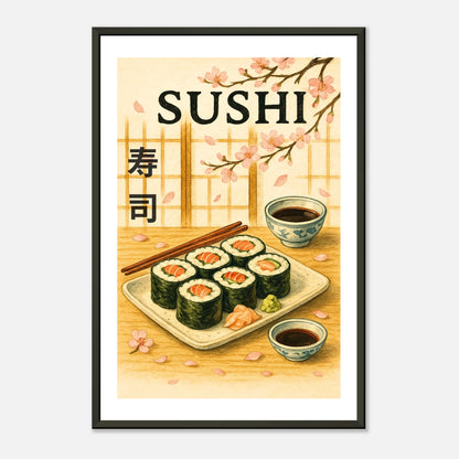Sakura & Sushi Japanese wall art print in black metal frame with elegant sushi illustration and soft pastel tones