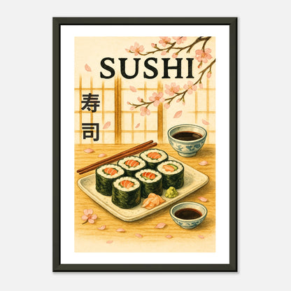 Sakura & Sushi wall art poster in black metal frame front view with traditional sushi set and cherry blossom design