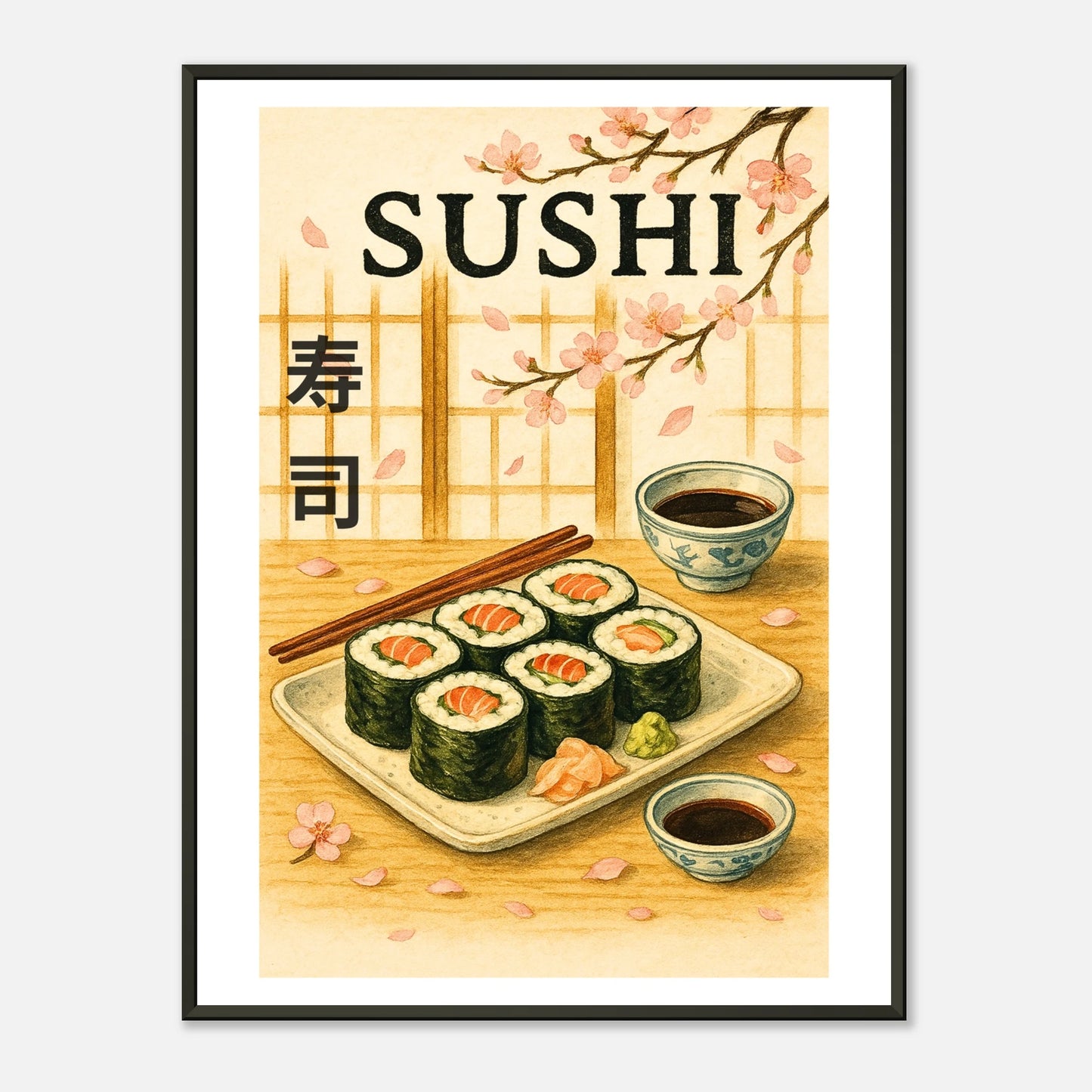 Sakura & Sushi Japanese wall art poster in black metal frame featuring cherry blossoms and sushi illustration