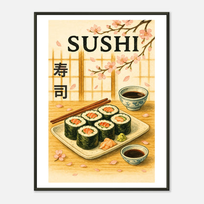 Sakura & Sushi Japanese wall art poster in black metal frame featuring cherry blossoms and sushi illustration