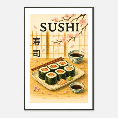 Sakura & Sushi minimalist Japanese wall art in black metal frame clean studio presentation for kitchen or dining decor