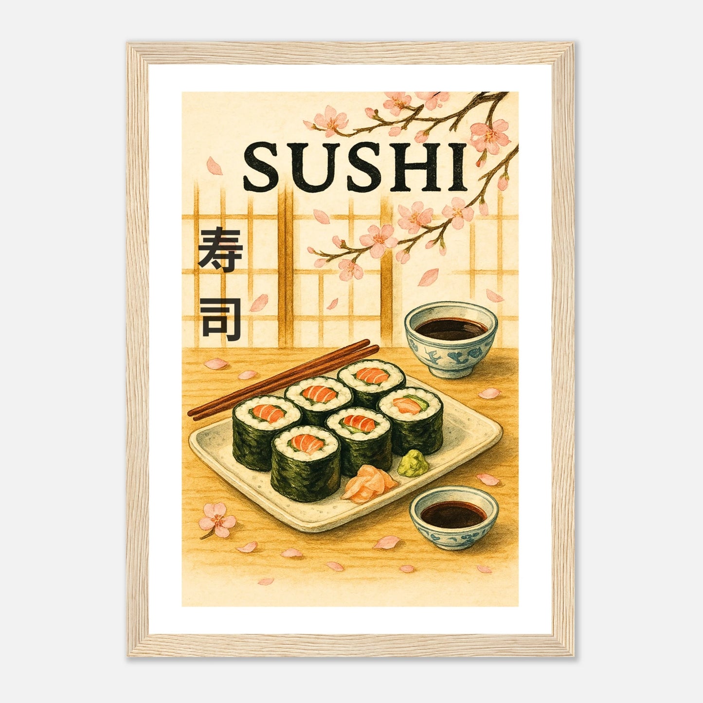 Sakura & Sushi Poster im hellbraunen Holzrahmen – japanisches Kunstmotiv mit Kirschblüten und Sushi, vereint japanische Tradition und moderne Ästhetik – von Defa Designs.