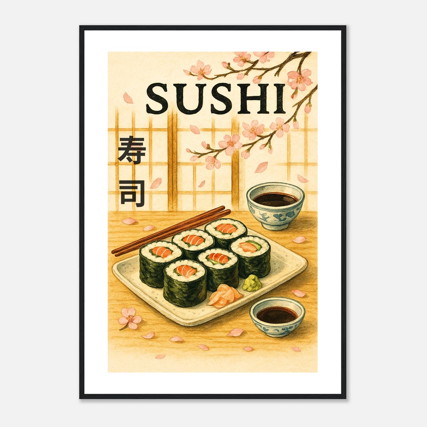 Sakura & Sushi Poster im schwarzen Rahmen – stilvolles japanisches Wandbild mit Sushi und Kirschblüten, minimalistisches Design für Küche oder Esszimmer – von Defa Designs.