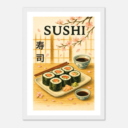 Sakura & Sushi Poster im weißen Rahmen – elegantes japanisches Kunstwerk mit Sushi-Motiv und Kirschblütenzweigen, harmonisch und modern für jedes Zuhause – von Defa Designs.