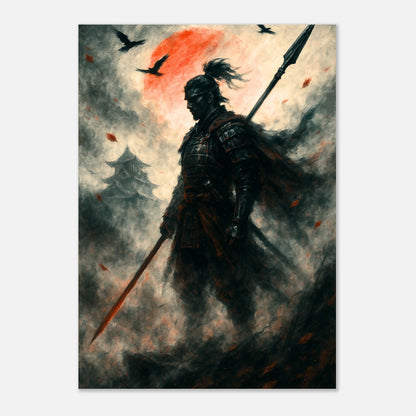 Samurai warrior art print with dramatic red sun background, Japanese fantasy wall decor