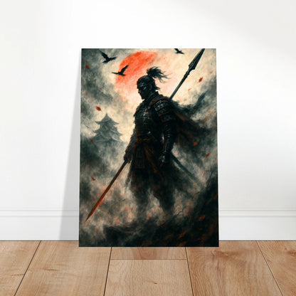 Samurai warrior poster with blazing red sun leaning against wall, Japanese wall decoration