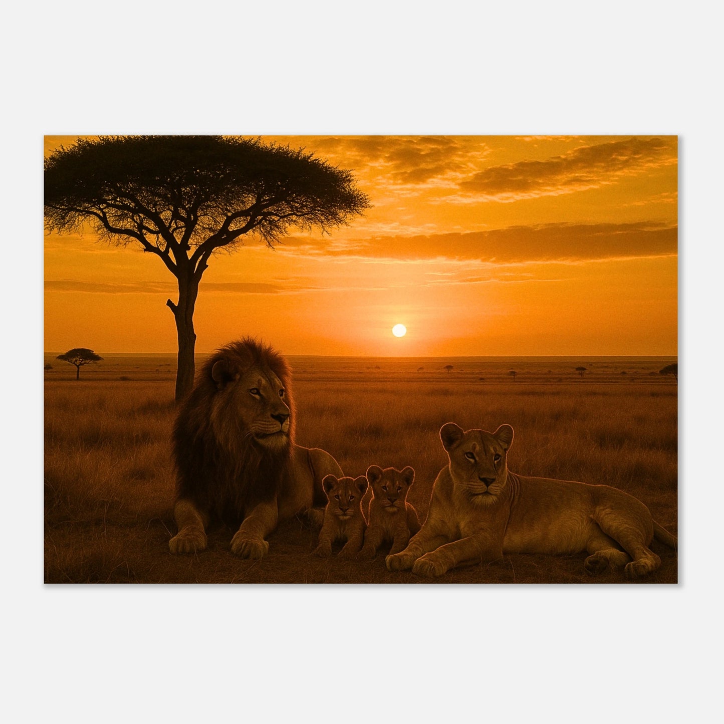 Detail vom Savannah Legacy Poster – majestätischer Löwe mit Familie in goldener Savannenlandschaft.