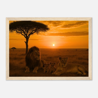 Poster „Savannah Legacy“ Löwenfamilie im hellbraunen Holzrahmen – warmes Naturmotiv mit afrikanischem Sonnenuntergang