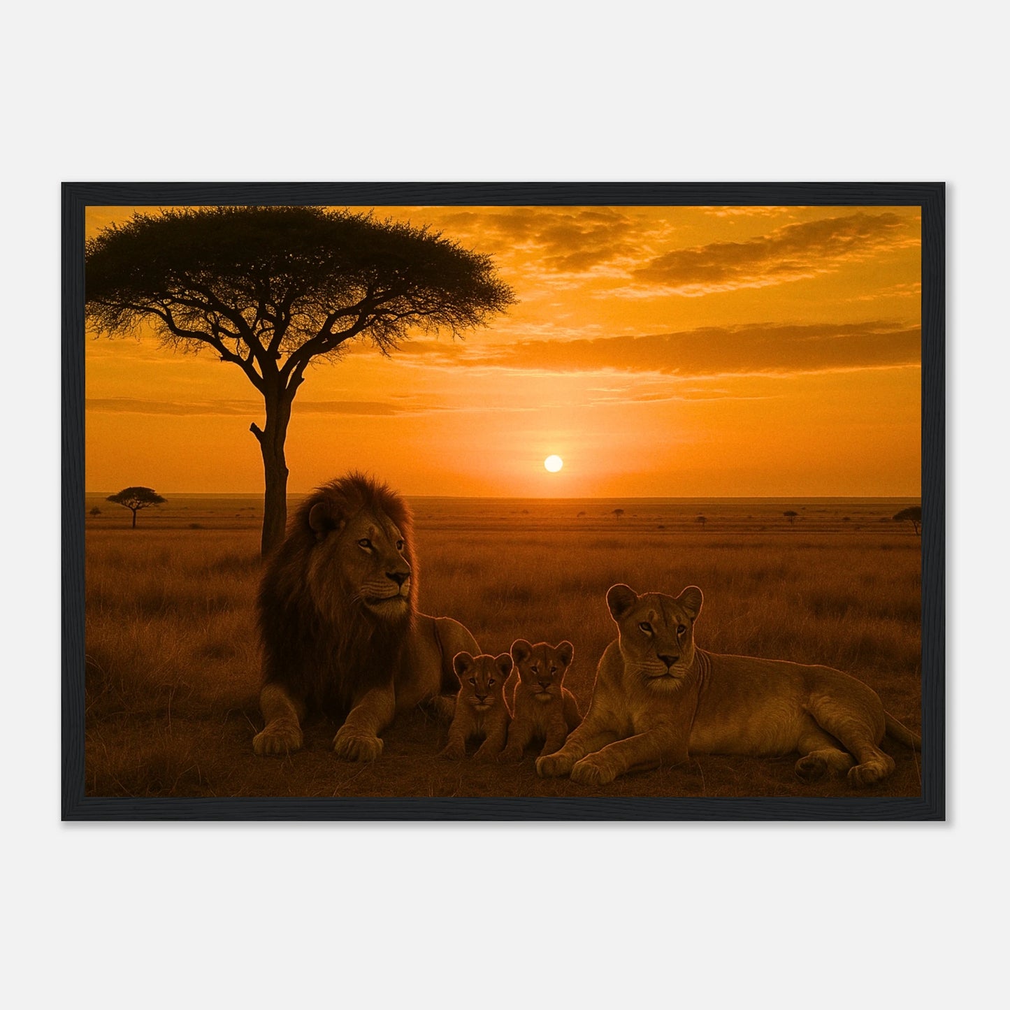 Löwen Poster „Savannah Legacy“ im schwarzen Holzrahmen – edles Wandbild mit afrikanischem Sonnenuntergang