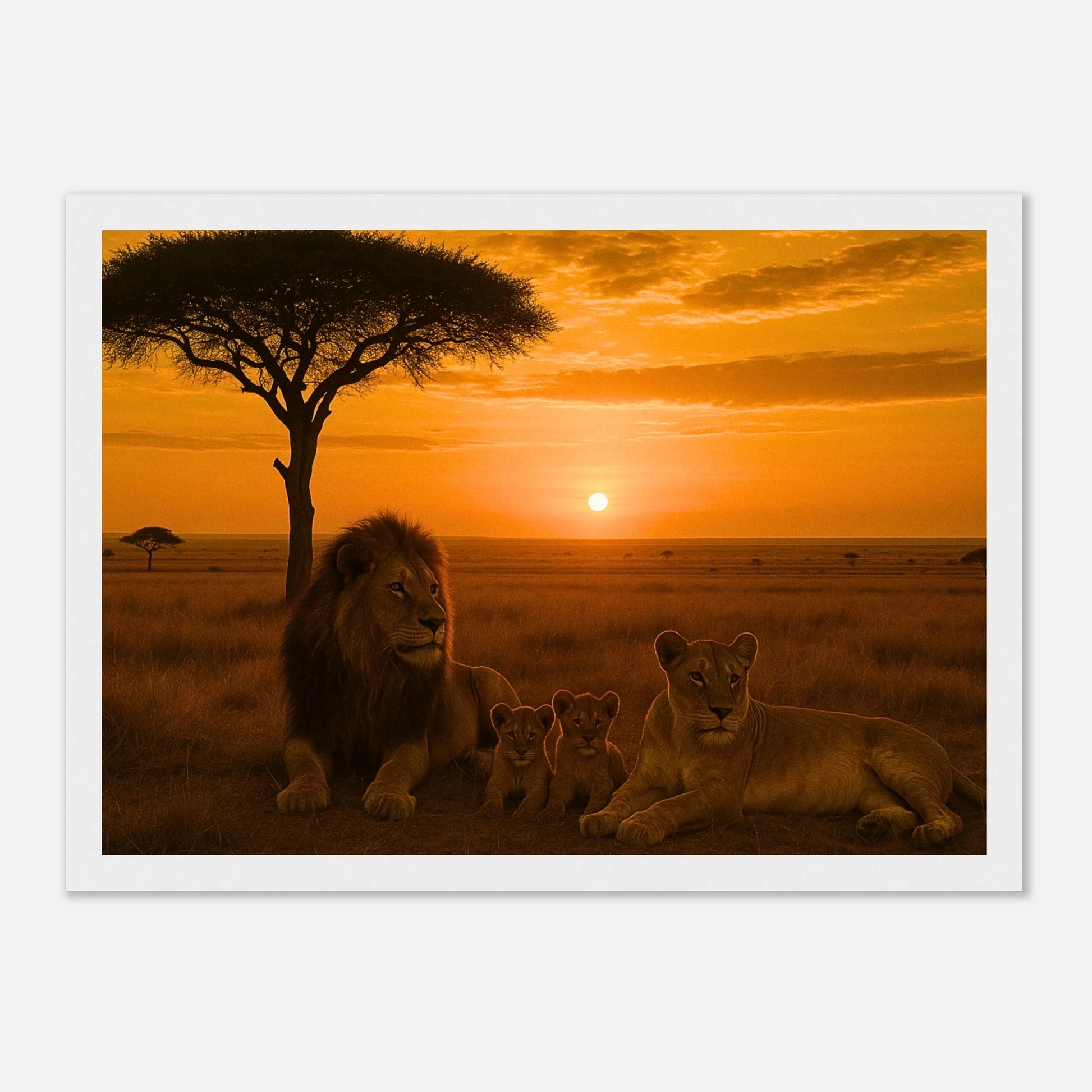 „Savannah Legacy“ Poster Löwenfamilie im weißen Holzrahmen – modernes Tierposter mit Savannenmotiv