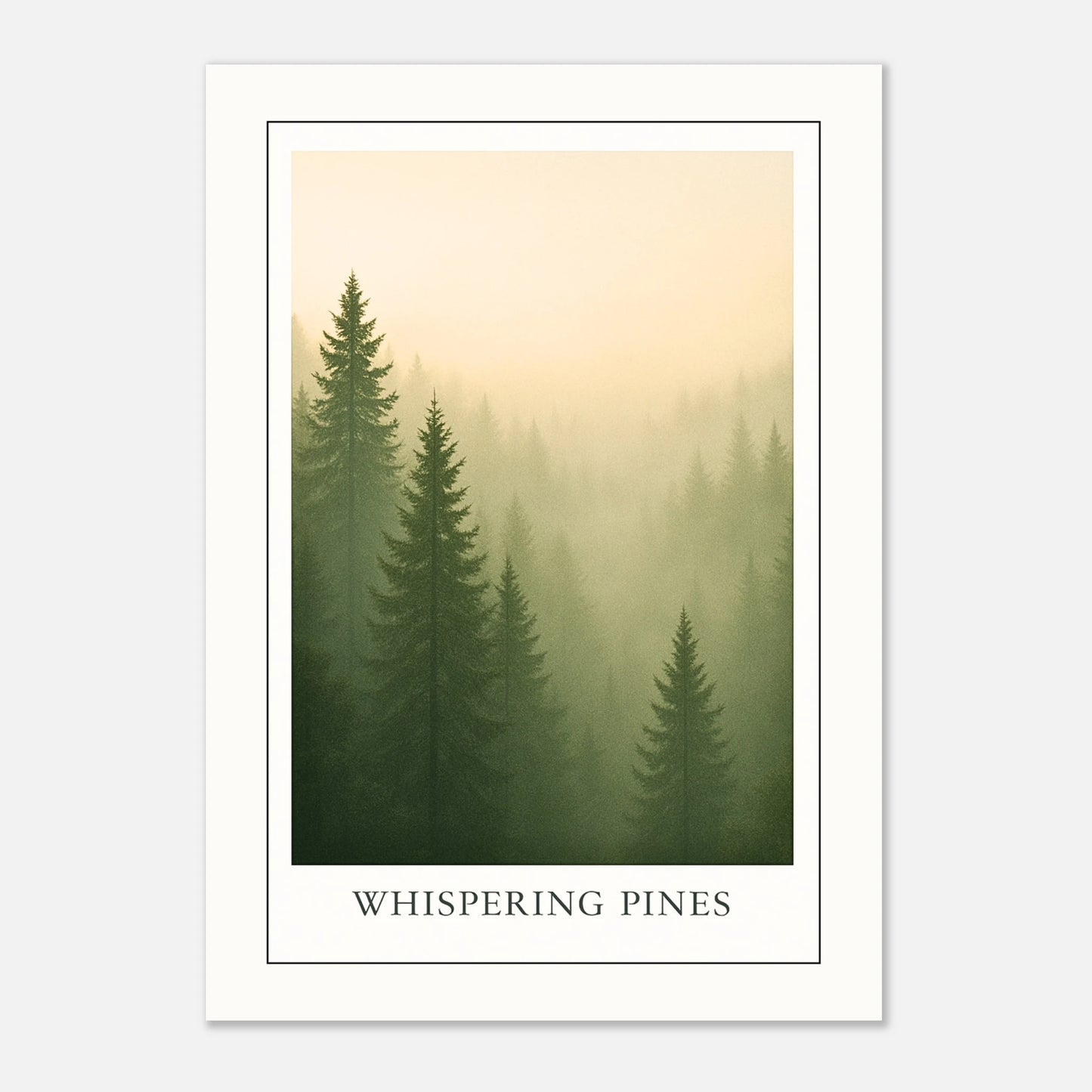 Scandinavian style forest poster – soft green pine trees in morning mist