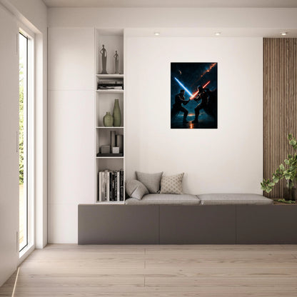 Sci-Fi Warriors Poster im Wohnzimmer – epische Wandkunst mit futuristischem Schwertkampf im Weltraum