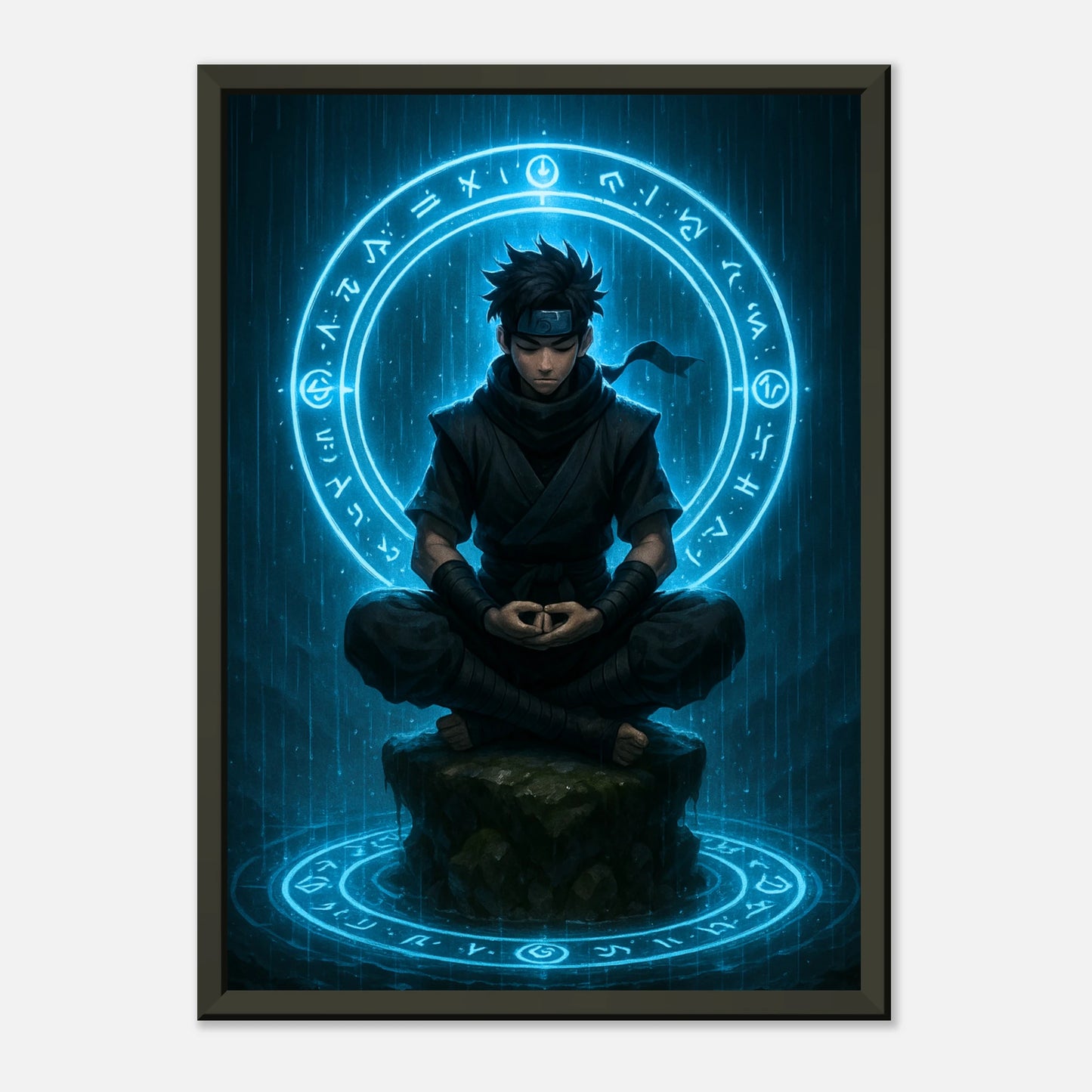 „SEIRYU“ Anime-Poster – ruhige Kraft eines blauen Ninja-Kriegers mit mystischem Symbolkreis | DEFA Designs