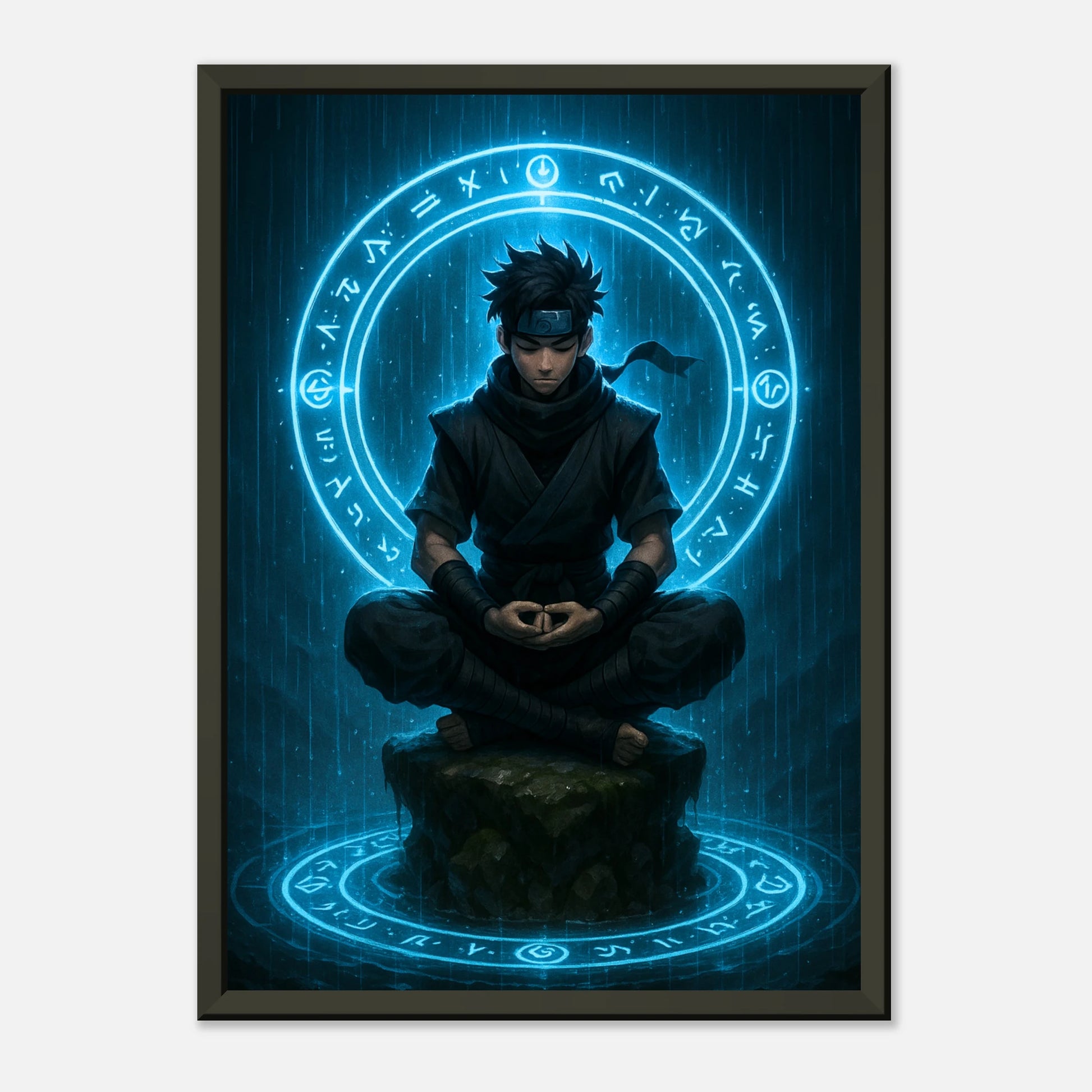 „SEIRYU“ Anime-Poster – ruhige Kraft eines blauen Ninja-Kriegers mit mystischem Symbolkreis | DEFA Designs