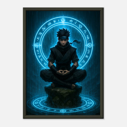 „SEIRYU“ Anime-Poster – ruhige Kraft eines blauen Ninja-Kriegers mit mystischem Symbolkreis | DEFA Designs
