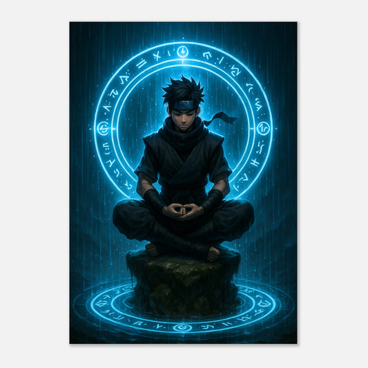 Anime Poster Seiryu – Circle of the Hidden Mind. Mystischer Krieger im Meditationskreis, hochwertiger Kunstdruck als Wanddeko