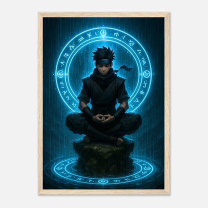 SEIRYU — Circle of the Hidden Mind Poster im hellbraunen Rahmen, meditierender Ninja mit blauer Energieaura, japanisch inspirierte Anime-Wandkunst von Defa Designs.
