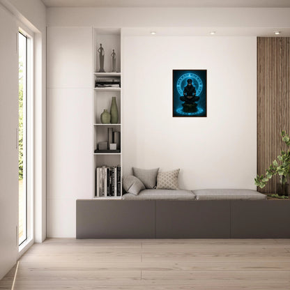 SEIRYU Anime Poster im hellen Wohnzimmer, leuchtend blaue Energieaura um meditativen Ninja, moderne japanische Wandkunst mit spirituellem Stil.