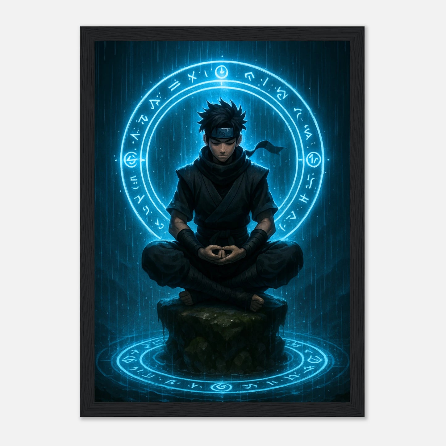 SEIRYU Anime Poster im schwarzen Rahmen, Ninja in Meditation mit leuchtendem Energiekreis, spirituelle japanische Kunst in blauen Tönen von Defa Designs.