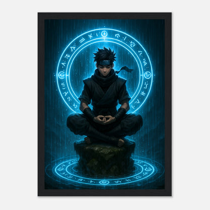 SEIRYU Anime Poster im schwarzen Rahmen, Ninja in Meditation mit leuchtendem Energiekreis, spirituelle japanische Kunst in blauen Tönen von Defa Designs.