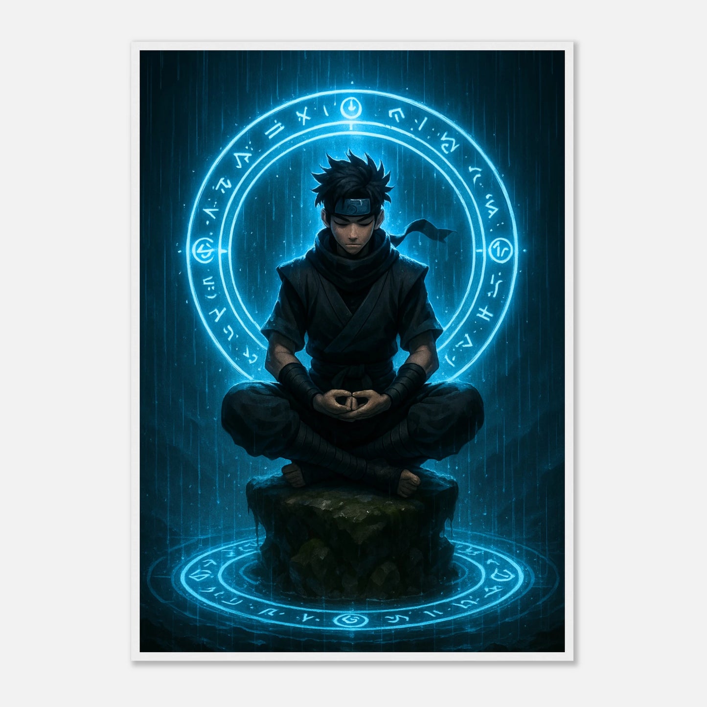 SEIRYU Poster im weißen Rahmen, kraftvolle Anime-Kunst mit ruhiger Energie und blauer Magie, ideal für Meditation und moderne Einrichtung.